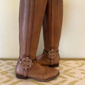 Tory Burch Brown Heeled Boots with Medallion